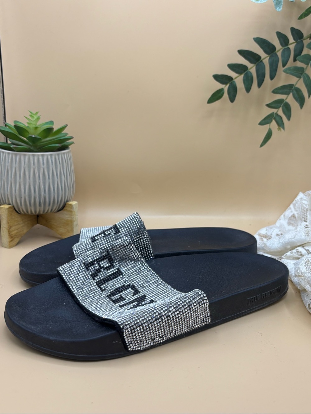 True Religion Black Slide Sandals with Silver Crystal Strap - Picture 2 of 4